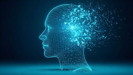 Disintegrating Human Head in Blue Light on Dark Background