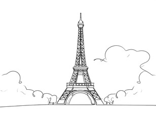 Line art of iconic tower in Paris, with clouds and a flat horizon