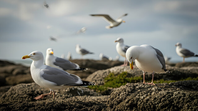 Close up of gulls resting on dark rugged coastal rocks with others in flight - Powered by Adobe