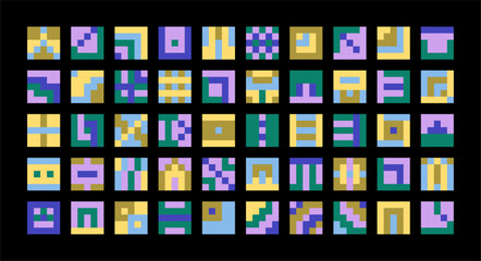 Abstract pixel symbol grid with colorful geometric tiles