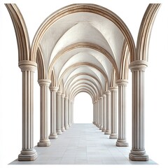 Naklejka premium Ancient Architectural Arches and Columns in a Long Corridor with White Background
