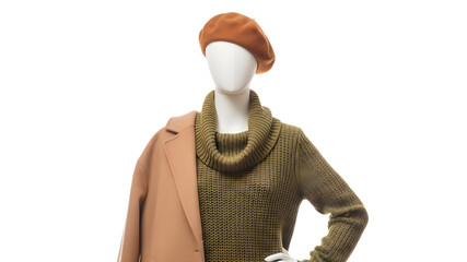 Stylish autumn outfit on mannequin brown beret, green knit sweater, and tan coat isolated on transparent background