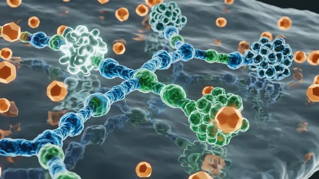 Liver glycogen storage, with glucose particles arriving and joining a branching lattice of glowing glycogen chains. Enzymes softly pulse as they add each new unit