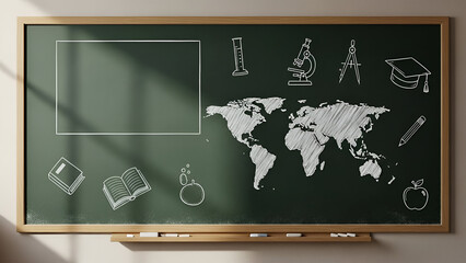 A green chalkboard with various educational and scientific chalk drawings including a world map, microscope, books, and a graduation cap, symbolizing learning and global knowledge.