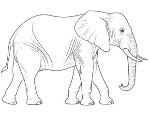 Fototapeta premium Linear illustration of a large walking elephant, grayscale, side view