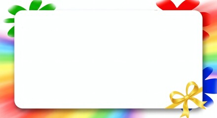 Fototapeta premium Blank white card with colorful ribbon bows on rainbow background, celebration, gift, and festive theme