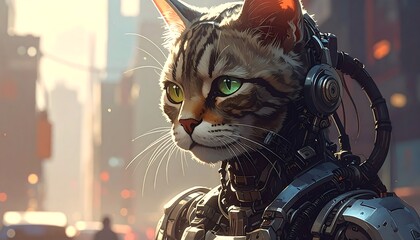 Striking image of a tabby cat in a futuristic, robotic suit set against a blurred urban backdrop