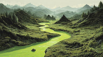 Lush green landscape featuring a winding river flowing through rolling hills, surrounded by dense forests and distant mountains, creating a serene natural environment