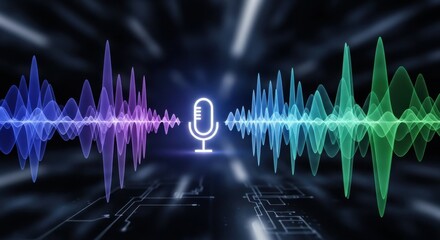 Digital audio wave visualization with microphone symbol and sound spectrum.