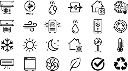 HVAC climate control line icon set featuring air conditioning heating ventilation cooling energy efficiency smart home systems and modern interfaces