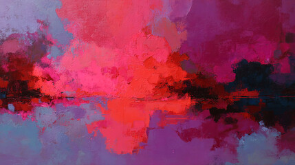 Abstract painting featuring vibrant pink, red, and purple hues blending together, creating a dynamic visual experience with reflective qualities and a sense of depth and movement