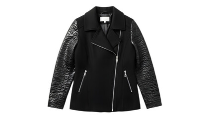 Black biker style jacket with textured sleeves for women isolated on transparent background