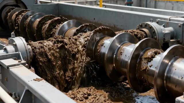 Medium angle showing screw thickener rotating to dewater thick sludge reducing water content efficiently in treatment facility.