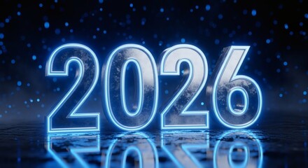 Striking digital 2026 glowing blue numbers reflecting on a sleek surface, symbolizing future progress and technological advancement