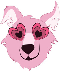 Sweet vector clip art of a pink husky dog wearing trendy heart-shaped sunglasses, perfect for Valentine's Day mascot graphics and playful romantic designs.