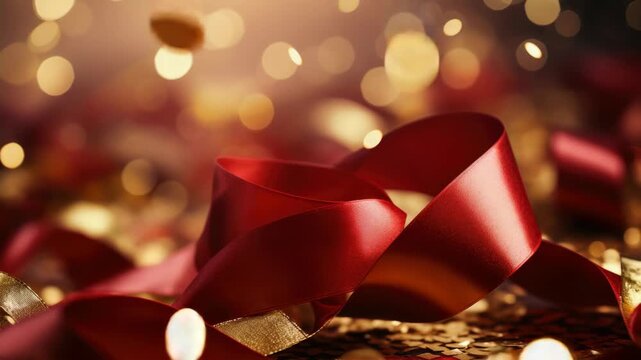 This showcases a collection of glossy red ribbon bows adorned with gold edges and speckled with shiny golden particles. The bows are arranged neatly in rows against a dark background