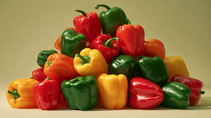 Colorful assortment of bell peppers stacked in a pyramid formation, showcasing vibrant hues of red, yellow, green, and orange against a soft, neutral background, emphasizing freshness and variety