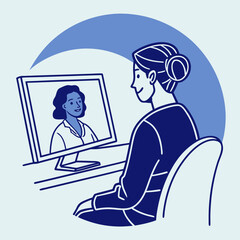 Title: A woman sitting in a chair while having a call with another woman on a computer screen