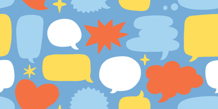Seamless pattern with cute colored cutout speech bubbles in kid's style. Hand drawn doodle speech bubbles, comic talk balloons in flat simple style. Childish vector seamless pattern with text clouds.