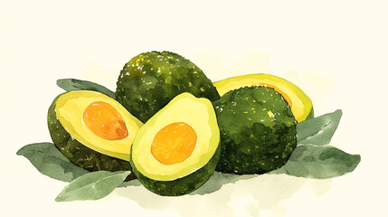 Watercolor illustration of ripe avocados, showcasing their vibrant green skin and creamy yellow flesh, arranged artistically with leaves, perfect for culinary or health-related themes