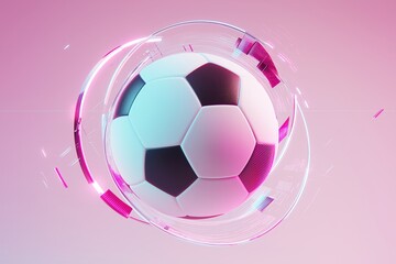 Fototapeta premium Soccer ball with glowing neon light rings and abstract pink and blue particles on gradient background. Dynamic sport concept