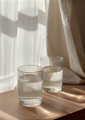 Minimal still life with two glass tumblers and soft sunlight through sheer curtains