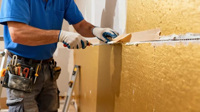 Medium shot of a worker skillfully applying paper joint tape to drywall seams highlighting precise taping technique with smooth edges and careful alignment.