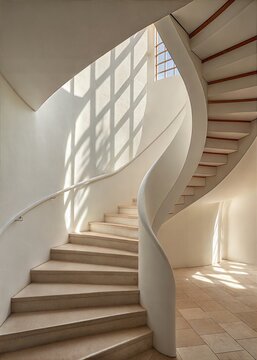 Minimal architectural staircase wallpaper with curved lines and warm natural light