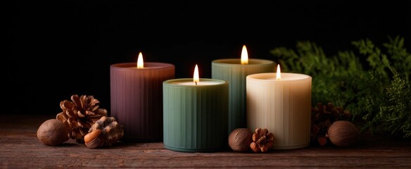 Scented candle collection shown with nature-inspired items on a wooden table.