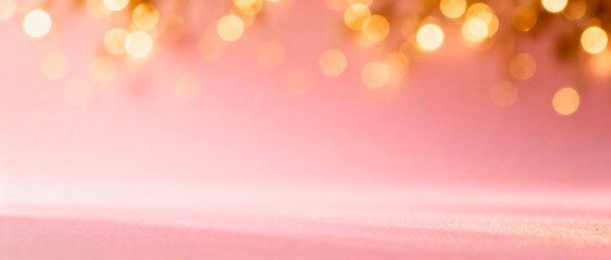 Panorama 3:1 featuring warm golden bokeh lights over a soft pink gradient background, dreamy cinematic look, smooth depth of field, wide clean space for text. Romantic, elegant and perfect for banners