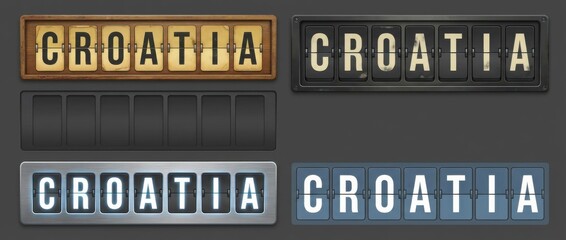 croatia airport split flap display title set with the word croatia spelled across flipboard tiles includes four different board styles