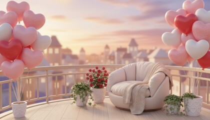 Balcony Railing Decorated with Heart Balloons, Soft Cushioned Chair, and Potted Plants