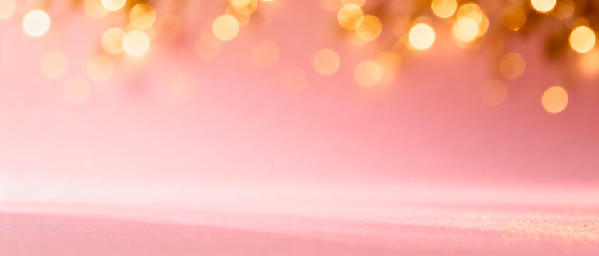Panorama 3:1 featuring warm golden bokeh lights over a soft pink gradient background, dreamy cinematic look, smooth depth of field, wide clean space for text. Romantic, elegant and perfect for banners - Powered by Adobe