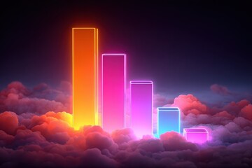 Abstract Neon Bar Chart Rising Above Dramatic Cloudy Atmosphere Displaying Growth and Data Visualization