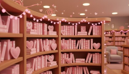 Bookshelf in Bookstore with Pink Books and Heart Decorations