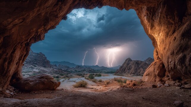 A dramatic landscape scene with a cave framing a lightning storm over a canyon with mountains, river, and stormy skies - Powered by Adobe