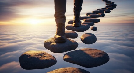 Person Walking on Stone Path Above the Clouds at Sunset.