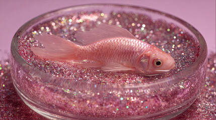 Pink goldfish resting in a glass dish filled with sparkling pink glitter, creating a whimsical and vibrant atmosphere, showcasing the beauty of aquatic life and artistic presentation