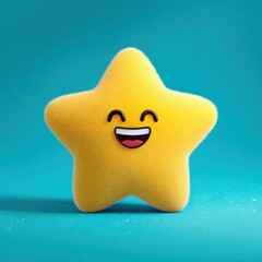 Smiling Yellow Star Plush Toy on a Blue Background.