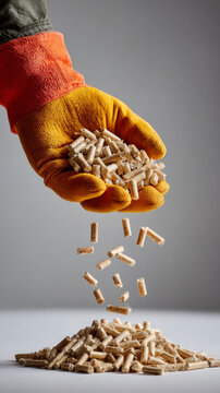 Gloved hand pouring wooden biomass pellets onto pile against gray background close up