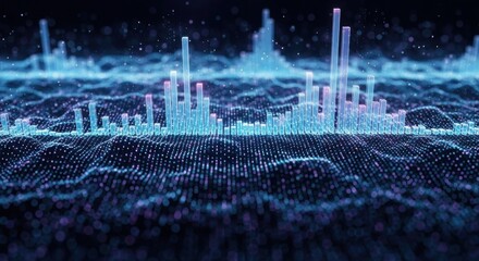 Abstract digital landscape with data visualization and glowing structures.