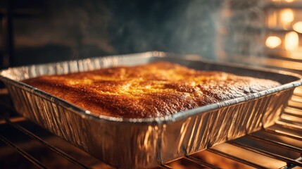 Freshly baked golden brown cornbread in an aluminum foil pan inside a hot oven with steam rising