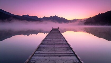 A long wooden pier extends over a tranquil lake shrouded in mist with mountain silhouettes against a purple and pink sunrise