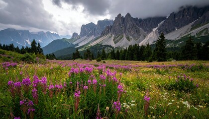 A meadow of purple fireweed and other wildflowers before a jagged rocky mountain range under a dramatic overcast sky