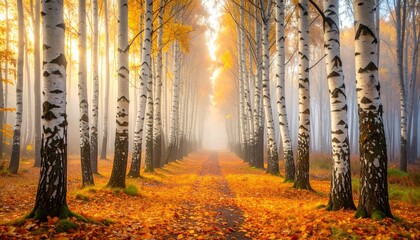 A path through a misty birch forest in autumn Golden light filters through the trees illuminating a carpet of orange leaves