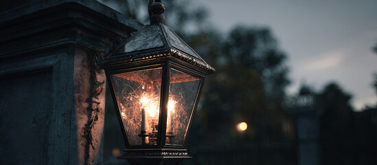 Vintage lantern illuminating a garden path at dusk, casting warm light on surrounding foliage, creating a serene and inviting atmosphere in the evening landscape