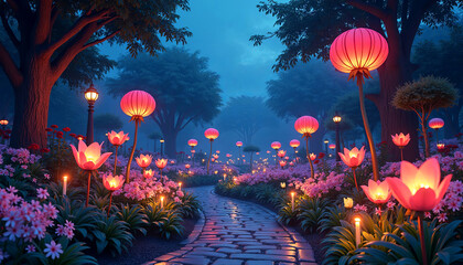 Enchanted garden pathway illuminated by glowing lanterns and vibrant flowers, creating a magical atmosphere under the twilight sky, inviting exploration and serenity