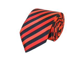 Rolled up red striped tie isolated on white background. Tie shopping concept.