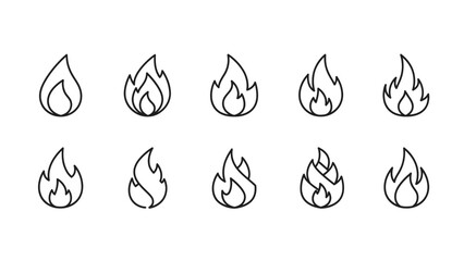set of black and white icons of fire flame