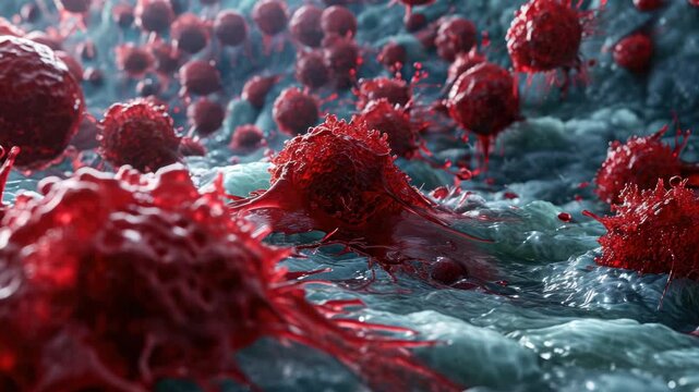 A microscopic view of cancer cells stained red against a blue background.